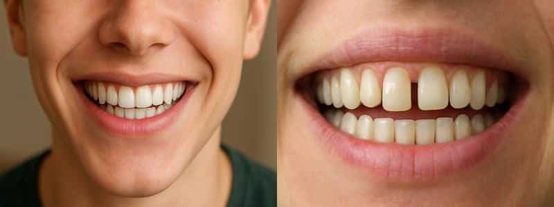    قبل و بعد ارتودنسی دندانهای فاصله دار - نتیجه درمان موفق ارتودنسی در کنار کس دندان هایی که نیاز به ارتودنسی دارند - دندان‌های نامرتب و فاصله دار