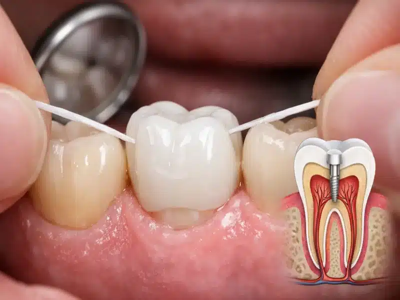 مراقبت بعد روکش دندان برای افزایش عمر روکش دندان عصب کشی شده با نخ دندان