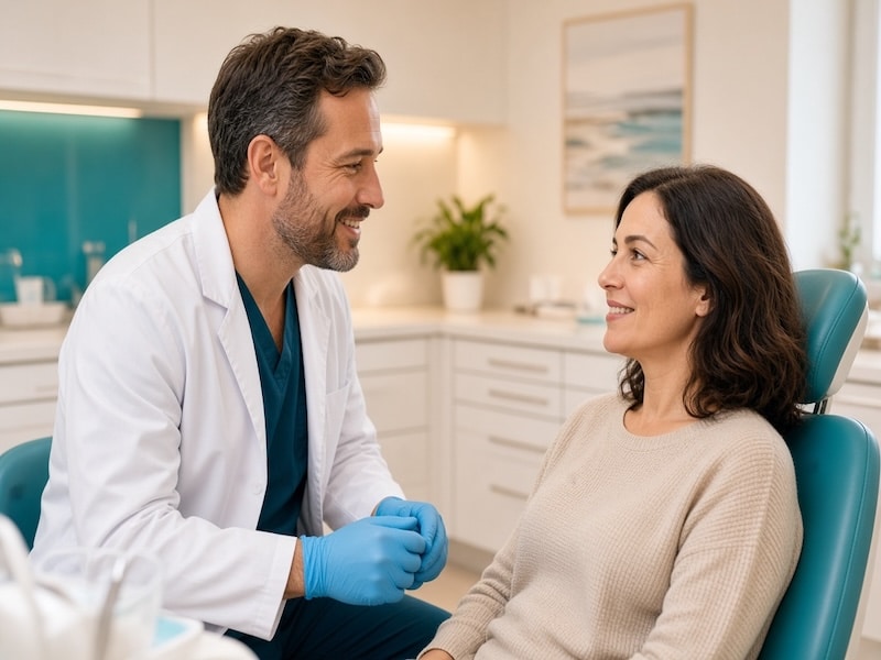 دندانپزشک در حال توضیح نتیجه معاینه به بیمار در کلینیک دندانپزشکی