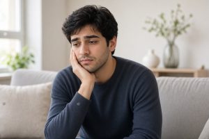خانمی روی مبل نشسته و دست را روی گونه گذاشته چون دندانش درد می‌کند