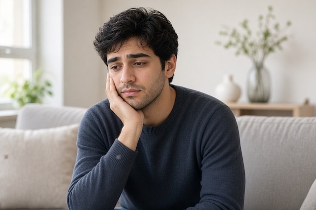 خانمی روی مبل نشسته و دست را روی گونه گذاشته چون دندانش درد می‌کند